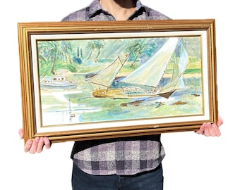 Vintage Original Oil Painting – Framed Canvas – Sailboat / Ocean Landscape – Wall Hanging Art – Beach Decor