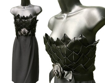 Vintage Victor Costa Designer Cocktail Dress - Strapless, Fish Scale Design - Elegant Black Wedding Gown - Cocktail Party - Women's Size 6