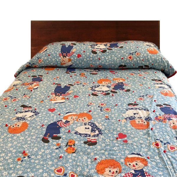 Vintage Raggedy Ann & Andy Bedspread - Handmade Coverlet - Twin Size Bed Spread - Retro Kids Bedding - 1970s Flower Power - Girl's Bedroom