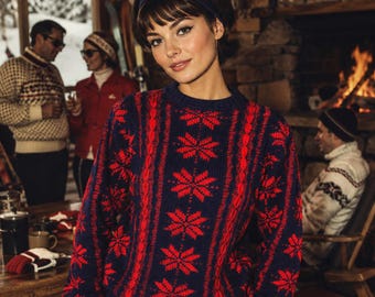 Vintage 1970s Fair Isle Sweater – Navy & Red Nordic Snowflake Pullover - 60s 70s Apres Ski / Lodgecore Winter Jumper – Women's Size Medium M