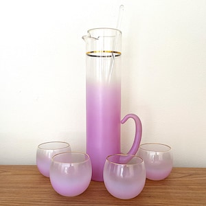 Vintage Blendo Cocktail Set - 1960s Frosted Glasses - Tall Pitcher w/ Roly Poly Tumblers & Stirrer - Purple Glassware - Mid Century Barware