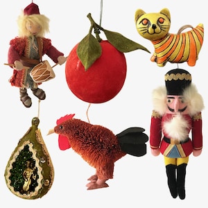 Vintage Christmas Tree Ornaments - Choice of Nutcracker, Rooster, Peach, Cat - Large Size - Country, MCM, Retro - 60s 70s 80s Holiday Decor