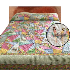 Vintage "Patchwork Quilt" Beachy Bedspread – Tropical Hawaiian Design – Full Size Coverlet – 90s Pastel Bedding