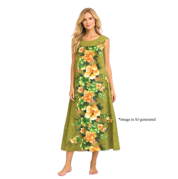 50s vintage Hawaiiドレス緑色 花柄 Vintage 60s / 70s Hawaiian Sleeveless Dress by Reef – Made in