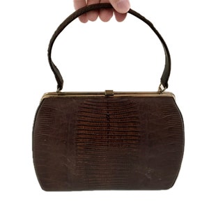 1950s Alligator Handbag – Genuine Alligator Leather – Vintage Hard Bodied Bag, Clasp Style – 50s Top Handle Purse – Dark Brown, Gold Accents
