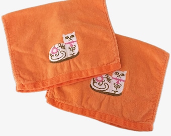 Vintage Pair of 60s 70s Springmaid Hand Towels – Embroidered Cat Designs – Retro Mod Orange – MCM Bathroom, Kitchen – 1960s Boho Home Decor