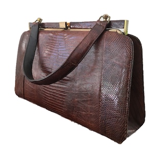 Vintage 1950s Alligator Handbag – Genuine Alligator Skin Leather – Formal Clasp Bag – Women&#39;s Top Handle Purse – Dark Brown – 50 Mid Century