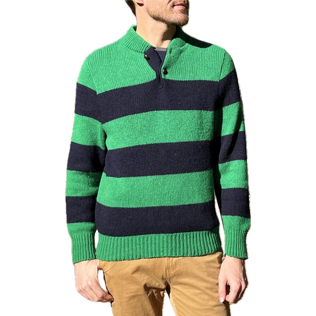 トップス <H> SOLID WOOL 2B COLLAR KNIT PULLOVER Vintage Striped Wool Sweater – Henley Collar Pullover – Green