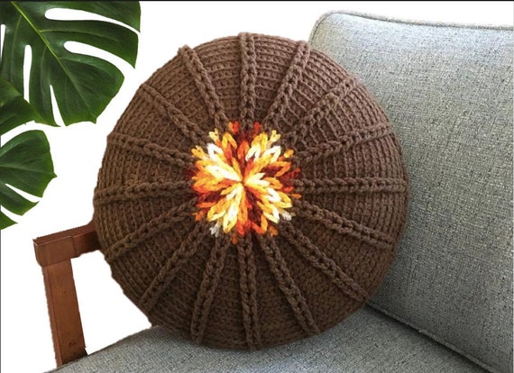 Vintage 1960 S Crocheted Round Pillow Brown W Orange Etsy