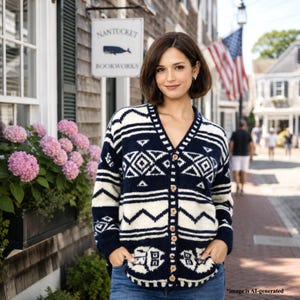 May include: A navy blue and cream-colored cardigan sweater with a geometric pattern. The sweater has a V-neck, wooden buttons, and long sleeves. The image also shows a sign that says "Nantucket Bookworks".
