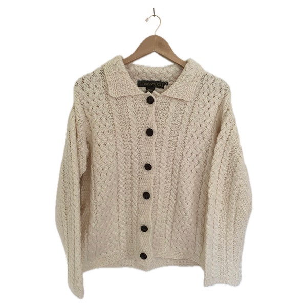 Made in Ireland - 100% Merino Wool Cardigan - Inis Crafts - Off White Aran Fisherman Knit - Vintage Irish Sweater - Women's Size Medium (M)