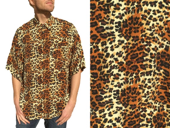 1980s 1990s GIANNI Made in USA Leopard Print Leopard Head Jungle Print Big Cat Vintage Size 12 Rayon Blouse Shirt