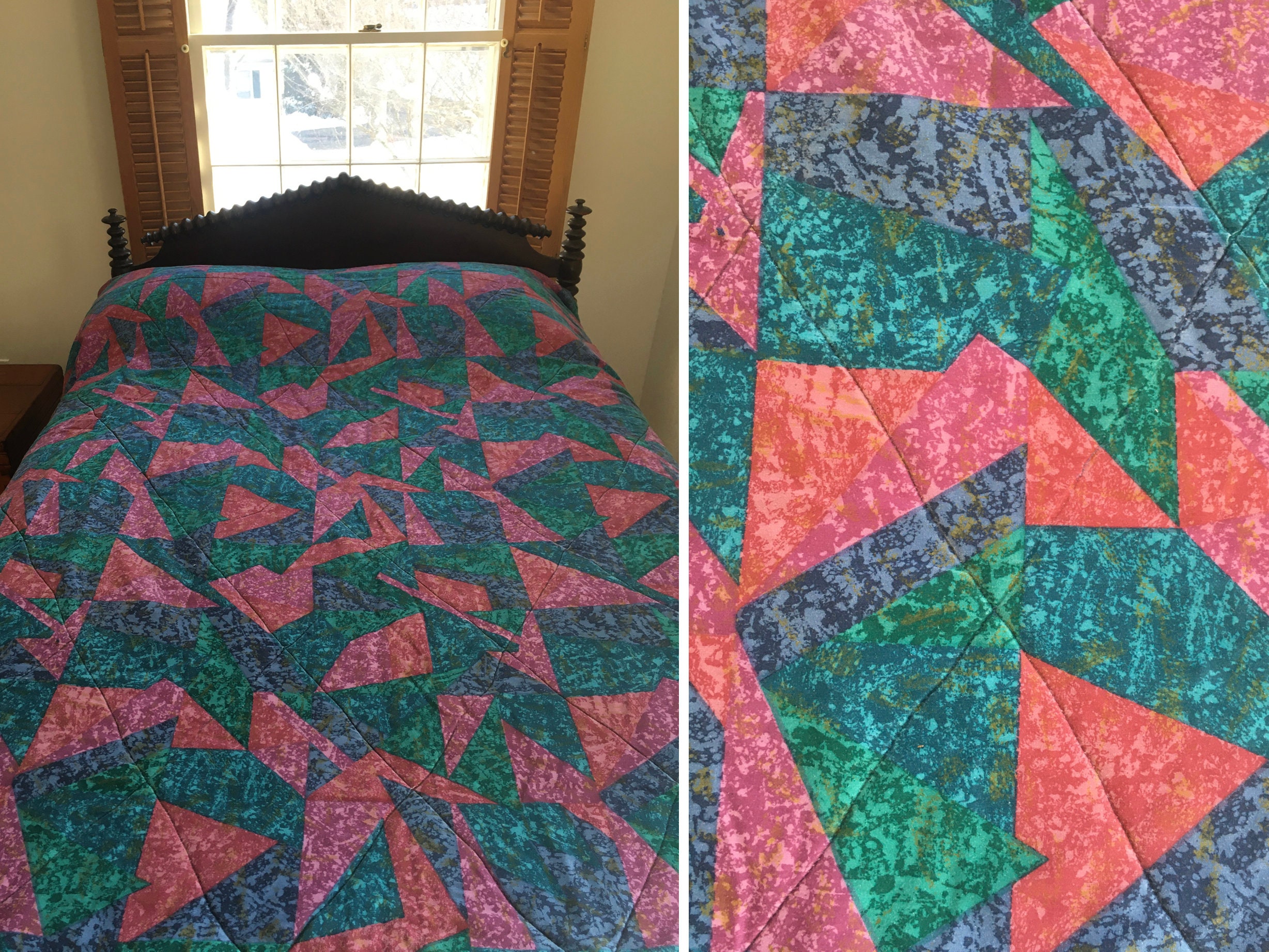 Vintage 1980s / 1990s Comforter - Teal / Blue / Pink Geometric