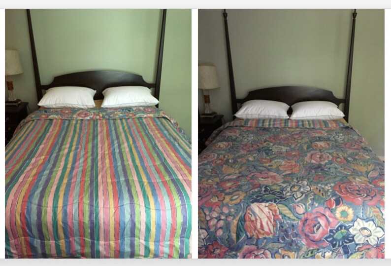 Vintage Tambourine Reversible Comforter By Collier Campbell Full Queen Size Rainbow Stripe Fl 2 Sided Quilted Bedspread