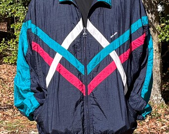 Vintage 90s Y2K Windbreaker Jacket – Navy Blue, Teal Stripe Zip up