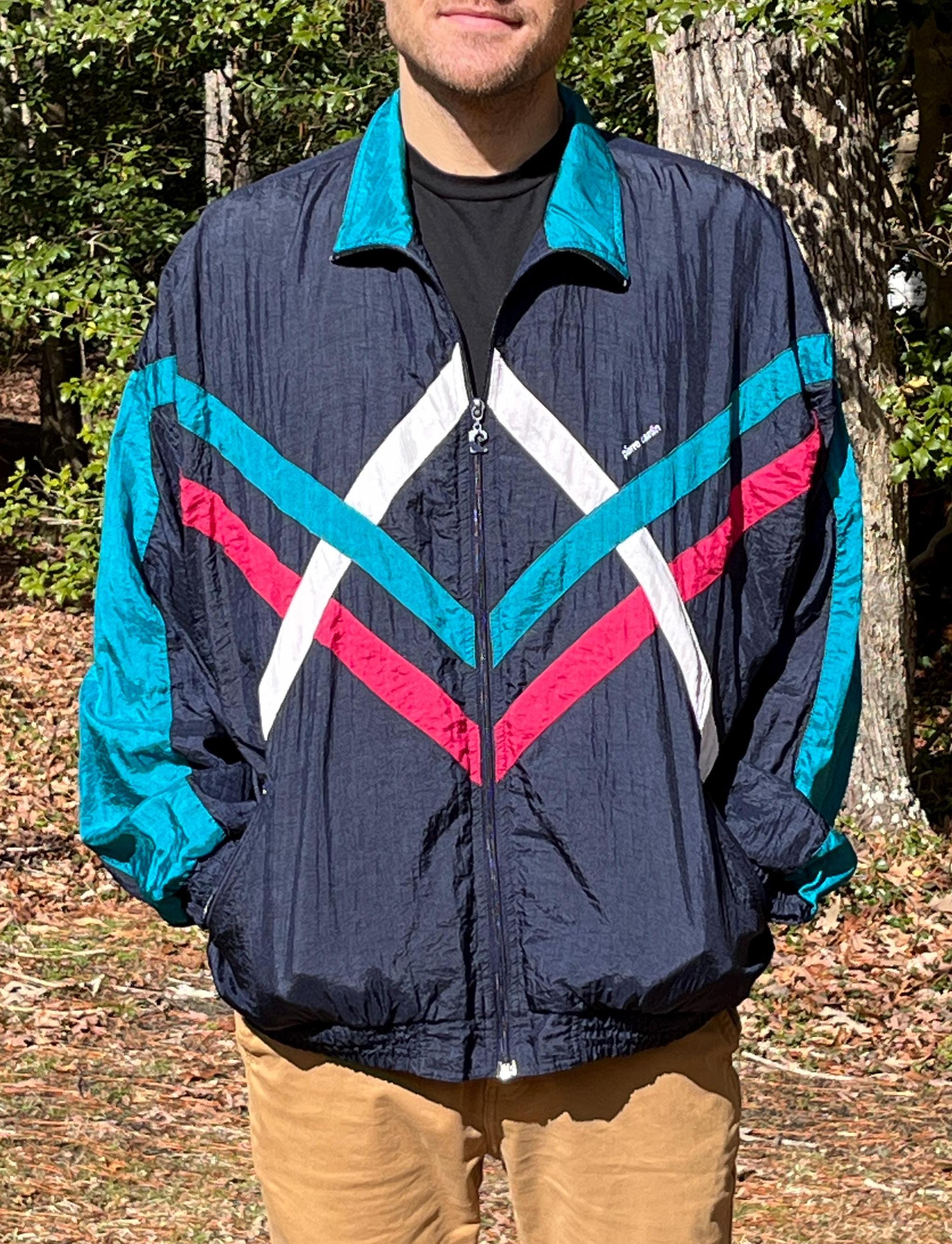 Vintage 90s Y2K Windbreaker Jacket – Navy Blue, Teal Stripe Zip up