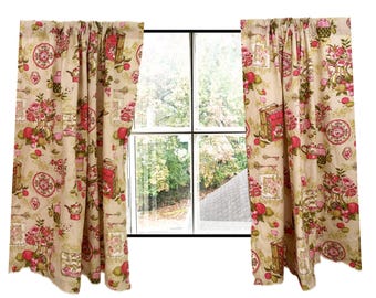 3 Pairs (6 Panels) Available, Enough for 3 Windows (each pair sold separately) – 1950s MCM Green & Pink Retro Design – Mid Century Modern