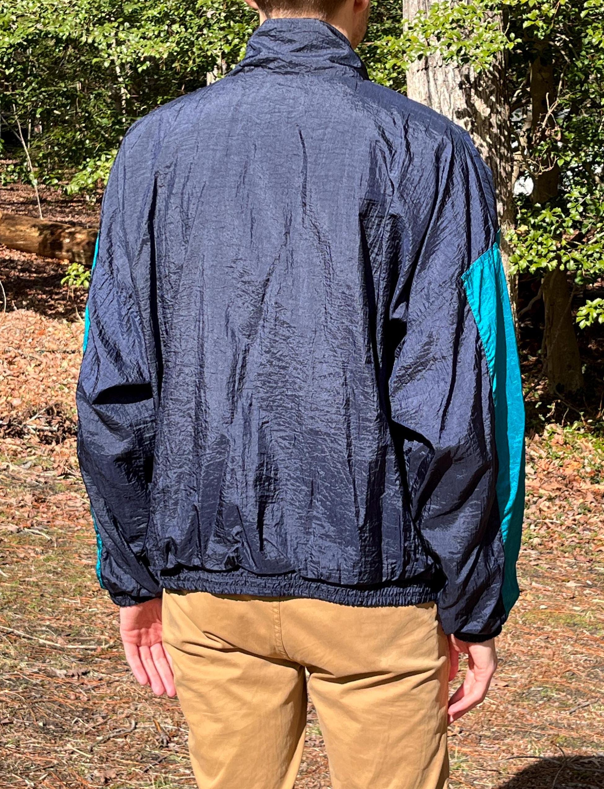 Vintage 90s Y2K Windbreaker Jacket – Navy Blue, Teal Stripe Zip up
