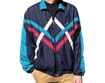 Vintage 90's TODD 1 Men Black Blue Shiny CHEVRON Nylon Warm up