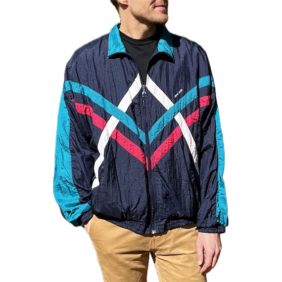 Vintage 90s Y2K Windbreaker Jacket – Navy Blue, Teal Stripe Zip up