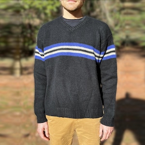 Vintage 1990s Ralph Lauren Lambswool Sweater – 90s Polo Sport Wool Blend Pullover – Black w/ Gray, Blue Stripe – Men's Size Extra Large (XL)