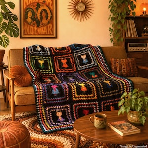 May include: A handmade crochet blanket featuring a repeating pattern of black square motifs, each containing a colorful silhouette of a figure in a dress. The border of each square is accented with vibrant multi-colored yarn in a textured stitch.