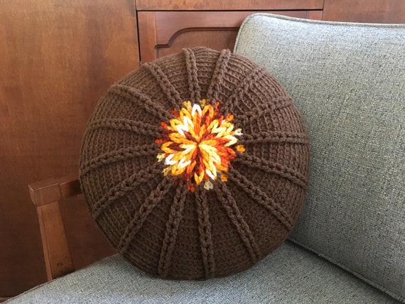 Vintage 1960 S Crocheted Round Pillow Brown W Orange Etsy