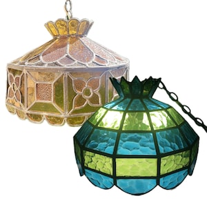 Vintage Stained Glass Chandeliers - Multiple Styles Available - Blue / Green Working Swag Lamp - Handmade Antique Leaded Orange / Yellow