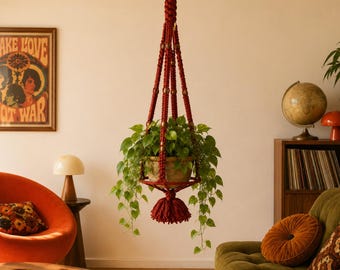 Vintage 1970s Jumbo Size Macrame Plant Hanger – Red Woven Hanging Planter Holder w/ Wood Beads – Giant Extra Large XL – Boho 70s Home Decor