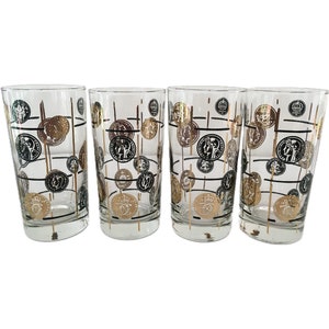Vintage MCM Libbey Cocktail Glasses – 1960s Tall Highball Tumbler Set – 60s Mid Century Modern – Black, Gold Coin Design – Retro Mod Barware