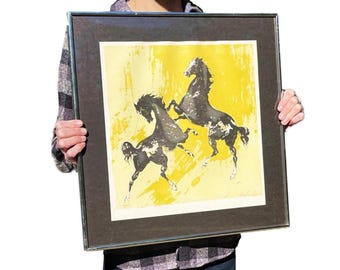 Vintage Signed, Numbered Lithograph Print of Horses – Collector's Guild – Framed Equestrian Wall Art – 1960s 1970s Mid Century Modern Decor