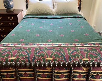 Vintage 1990s QUEEN SIZE Springs Comforter – Green Burgundy Amalfi Pattern Bedspread – Marble Diamond Geometric – 80s 90s Postmodern Bedding