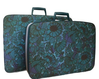 Set of 2 Large 1960s Samsonite Fashionaire Suitcases - Blue Flower Power Design - Vintage Hard Shell Luggage - Matching 60s Mid Century Pair