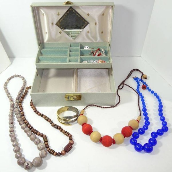 Vintage Vinyl Covered Jewelry Box with Mirror inside~Contains Few Necklaces Bracelets Pins~Retro Vanity Storage