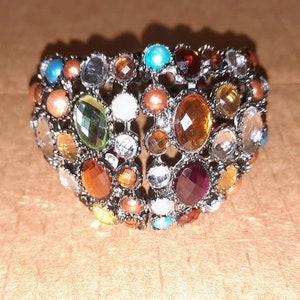 Vintage Chunky Hinged Clamper Bracelet Multi Colored Stones~Unique Bejeweled Sparkly Statement Piece Gift