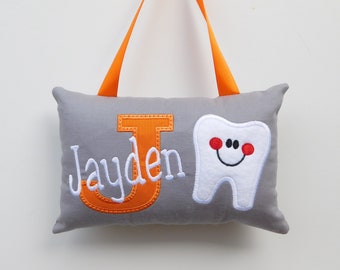 Gray and Orange Personalized Tooth Fairy Pillow