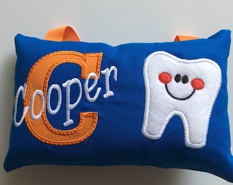Blue Personalized Tooth Fairy Pillow, Blue and Orange Tooth Pillow