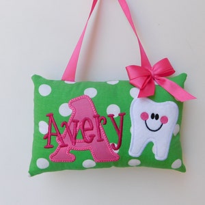 Personalized Girl Tooth Fairy Pillow: Green Polka Dot, Embroidered Name
