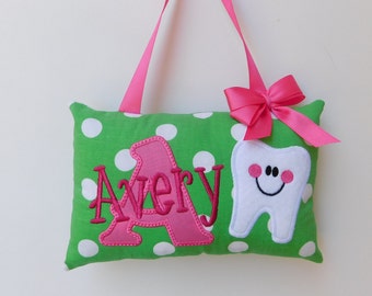 Green, large white dots and Pink Personalized Girl Tooth Fairy Pillow, Loose Tooth Pillow