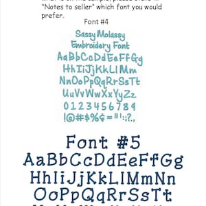 May include: Two font styles are shown in this image. The first font is called "Sassy Molassy Embroidery Font" and the second font is called "Font #5". Both fonts include the alphabet in uppercase and lowercase, numbers 0-9, and punctuation marks.