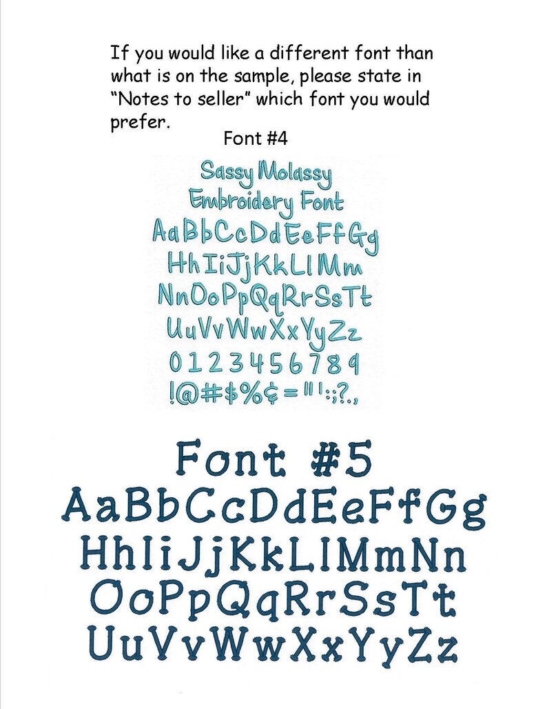 May include: Two font styles are shown in this image. The first font is called "Sassy Molassy Embroidery Font" and the second font is called "Font #5". Both fonts include the alphabet in uppercase and lowercase, numbers 0-9, and punctuation marks.