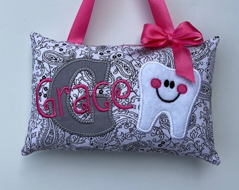 Tooth Fairy Pillow for Girl, Black & White Paisley with Pink Accents