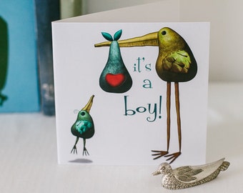 Birth Cards, Baby boy card, The stork has arrived, Stork Delivered a boy, New Baby, Vegetable Art, Birth celebration, gifts for new mum dad