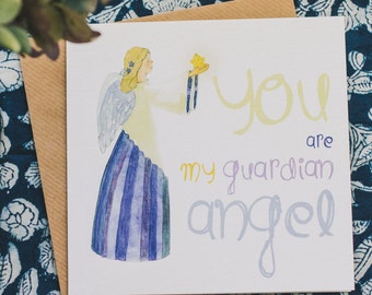 Guardian Angel Card, thank you, card for grandma, great for step mum, beautiful angel, Guardian message, Wing and a prayer, Hand designed