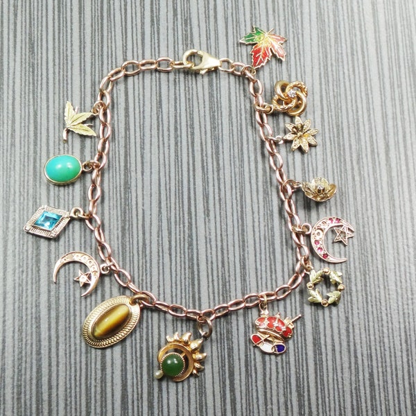 Vintage Gold Charm Bracelet with Charms - Moon Star Crown Leaves Flowers Turquoise Pearls Tigers Eye on 14k Link Bracelet