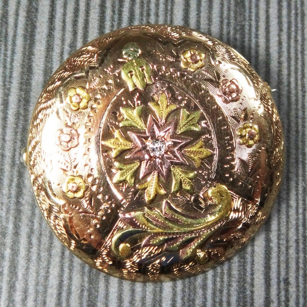 Antique 14k Gold and Diamond Floral Engraved Pin Converted Pocket Watch Cover Green Yellow Rose Gold Pin 1800's