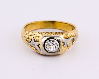 Antique Men's Natural Diamond Ring Art Nouveau 18k Two Tone Gold Old Mine Cut Diamond Ring Size 8.25