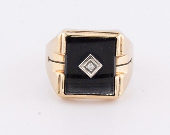 Vintage 10k Yellow Gold Rectangle Onyx and Diamond Ring Gold Men's Black Onyx Ring Size 9.25