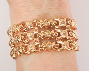 Vintage 18k Yellow Gold Floral Link Bracelet, Wide Italian Design
