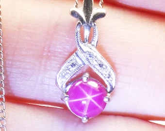 Vintage 14k White Gold Star Ruby and Diamond Pendant Necklace, Red July Birthstone, 15.25"